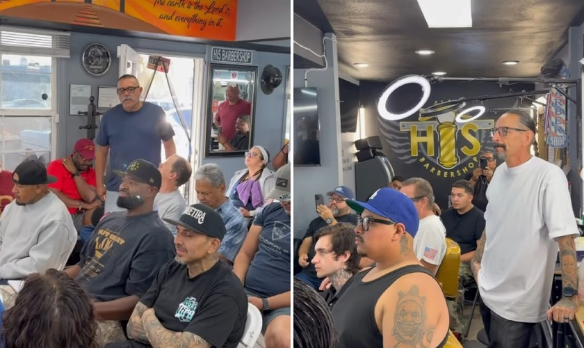 Homens louvando a Deus na barbearia. (Foto: Reprodução/Instagram/Mark Gonzalez)