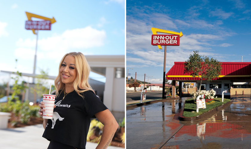 Lynsi Snyder, presidente e proprietária da In-N-Out Burger, e uma unidade da rede nos Estados Unidos. (Foto: Divulgação)
