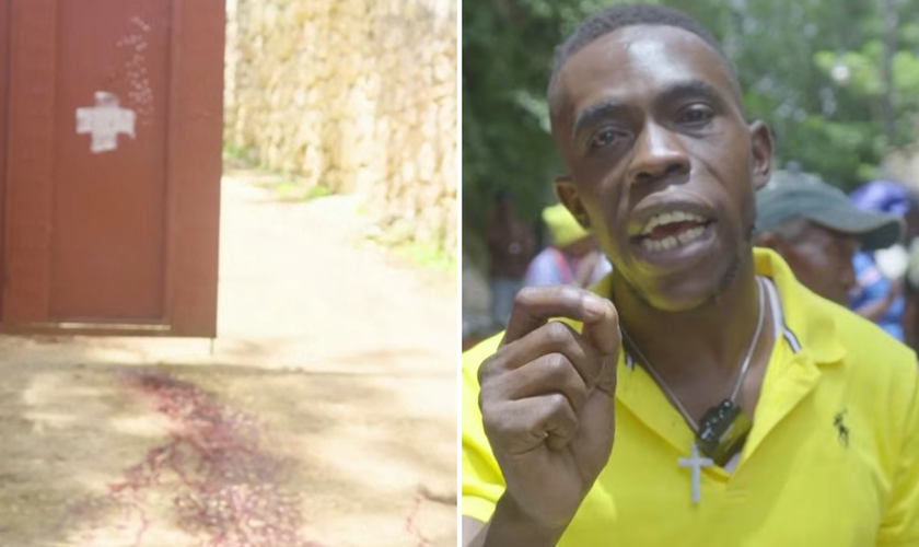 Porta da igreja onde ocorreu o massacre e homem que lamentou a morte de oito familiares. (Foto: Captura de tela/YouTube/AFP Português)