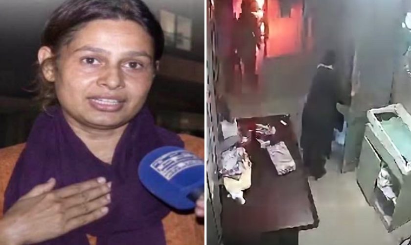 Enfermeira cristã Razia Noreen e imagens de segurança que registraram o incêndio no berçário do hospital. (Foto: Facebook/Shahid Ali Khan)