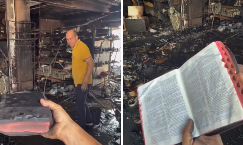 Bíblia permaneceu intacta após incêndio destruir loja de embalagens em Goiânia. (Captura de tela/Diário da Manhã)