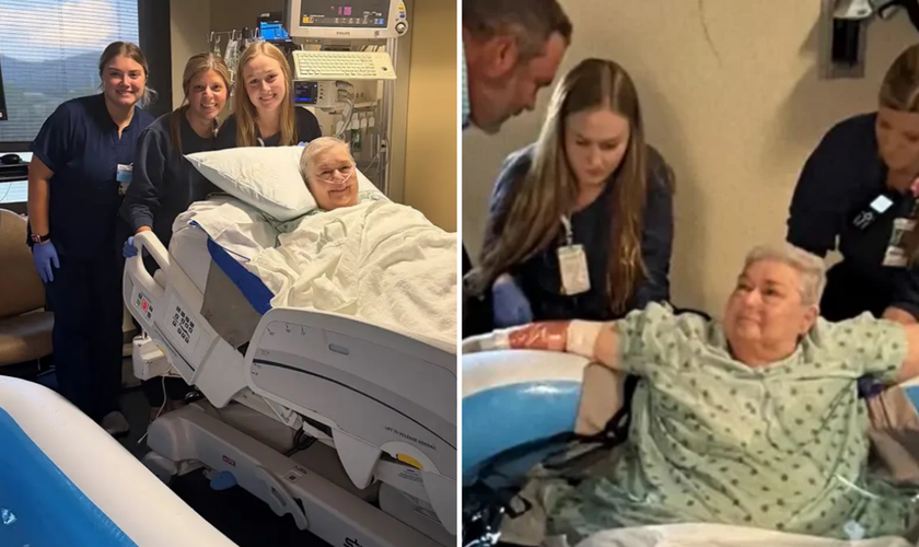 Jeannie Guffey ao lado das enfermeiras que se mobilizaram para realizar seu último desejo: ser batizada na UTI. (Foto: Huntsville Hospital)
