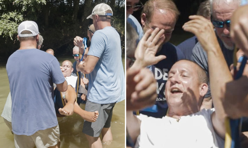 Homem com paralisia é batizado em um riacho, com a ajuda de membros da igreja. (Foto: Parkway Baptist Church)