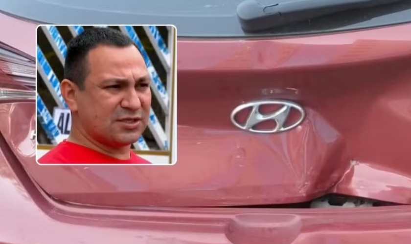 Marcos Almeida ficou sem ferimentos após ter carro atingido. (Foto: Reprodução/TV Tribuna).