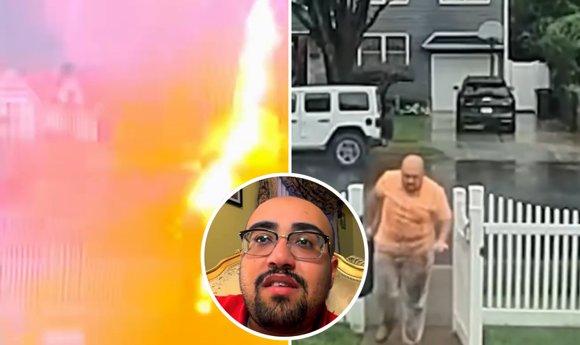 Após ser atingido por um raio, Thomas Fahmy se levanta com as roupas chamuscadas e é acolhido por vizinhos, que prestaram ajuda. (Captura de tela/NBC News)