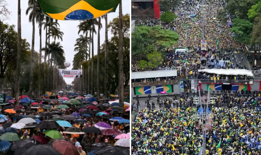 Manifestações do 7 de Setembro na Praça da Liberdade, em Belo Horizonte (à esquerda), e na Avenida Paulista, em São Paulo (à direita). (Capturas de tela: Instagram/Nikolas Ferreira/Silas Malafaia)