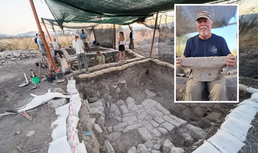 Escavações em Betsaida-Julias, às margens do Mar da Galileia; no detalhe, Dr. Steven Notley com parte de um capitel dórico. (Foto: Center for the Study of Ancient Judaism & Christian Origins)