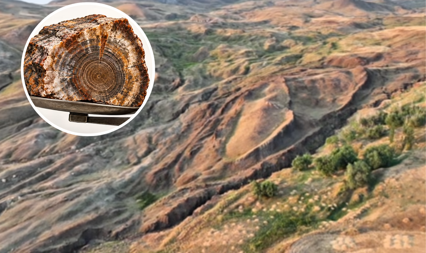 Formação de Durupınar, possível local da Arca de Noé; em destaque, representação de madeira petrificada, material possivelmente atingido pela perfuração. (Captura de tela: YouTube/Noah’s Ark Scans)