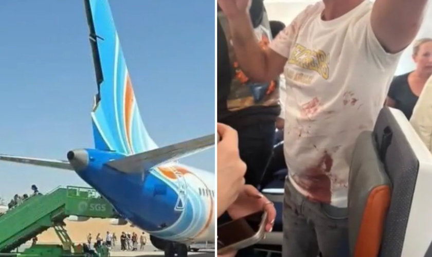 Voo da flydubai após pouso de emergência; à direita, passageiro que ajudou a conter o suposto agressor, com sangue do capitão nas roupas. (Captura de tela/Times of Israel)