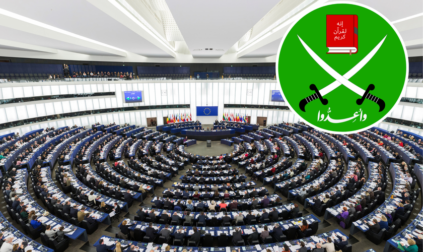 Plenário do Parlamento Europeu e emblema da Irmandade Muçulmana. (Montagem: Wikimedia Commons)