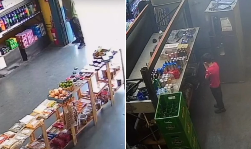Imagens de câmeras de segurança mostram um dos criminosos na entrada da adega e o menino orando durante o assalto. (Captura de tela/R7)