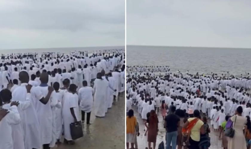 Uma multidão de pessoas foi batizada em uma praia na capital de Moçambique. (Foto: Reprodução/Instagram/gritoderuabr).