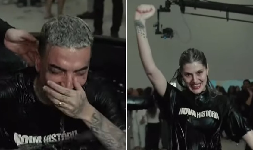 Guimê e a esposa durante o batismo. (Foto: Reprodução/YouTube/Celeiro São Paulo)