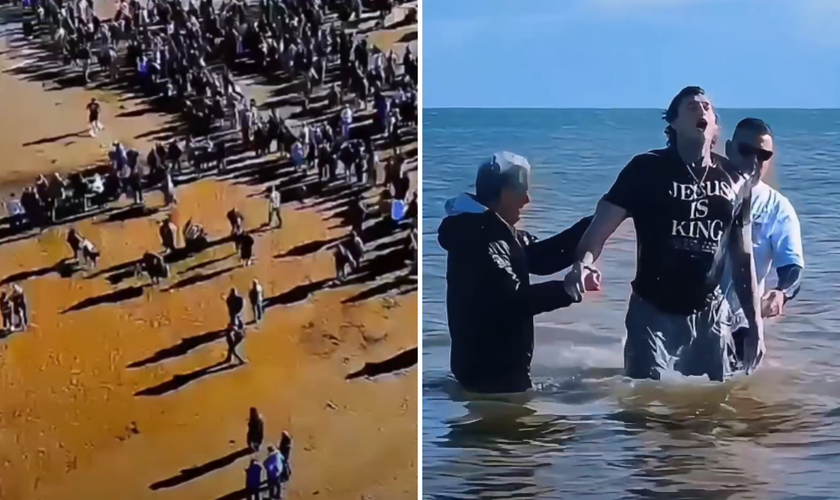 Batismo coletivo reúne cerca de 550 pessoas em praia da Inglaterra. (Captura de tela/Instagram/Merlin Kraft)