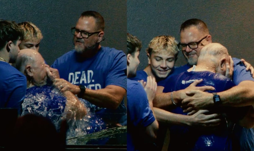 O pastor Jamie batizou o pai de 81 anos, nos EUA. (Foto: Instagram/jamiestarrett).