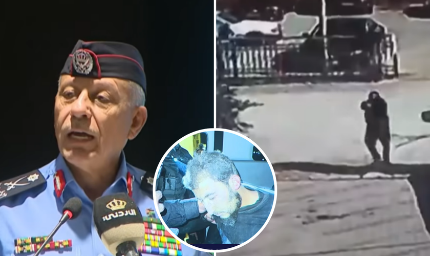 Autoridade jordaniana durante pronunciamento, imagens do ataque à igreja e um dos suspeitos no momento da prisão. (Capturas de tela/YouTube/DRM News/Crux)