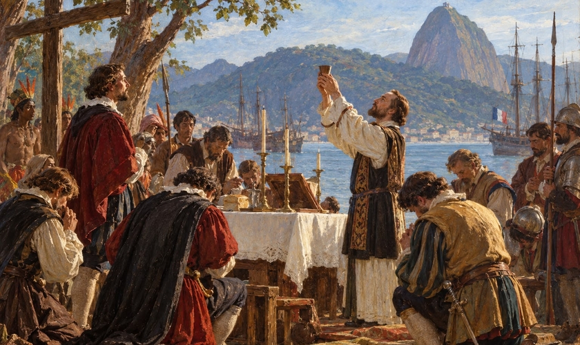 Primeiro culto protestante no Brasil. (Foto: Imagem ilustrativa gerada por IA).