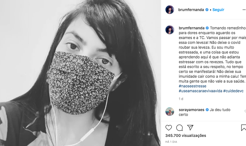 Fernanda Brum usou as redes sociais para anunciar o resultado positivo para coronavírus. (Foto: Reprodução/Instagram)