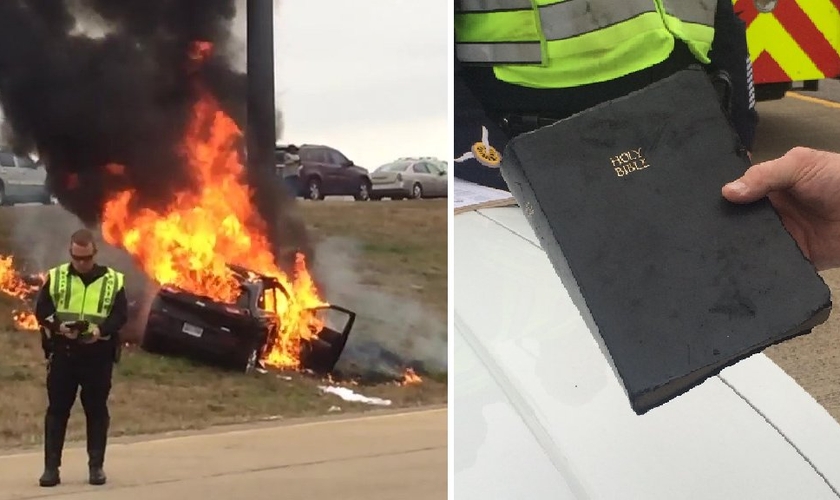 Uma Bíblia também foi recuperada sem nenhum dano, apesar do carro ter sofrido perda total. (Foto: Reprodução/CNN)
