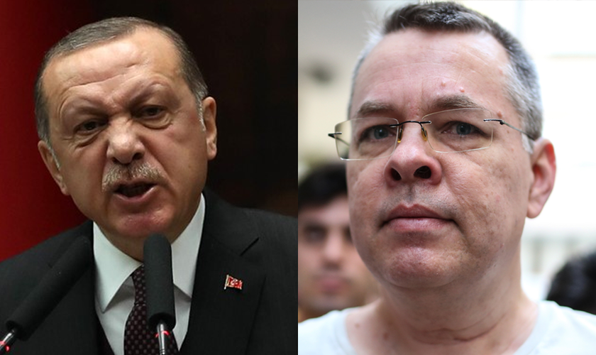 Erdoğan, presidente da Turquia (esquerda) e o pastor americano Andrew Brunson (direita). (Fotos: Reprodução).