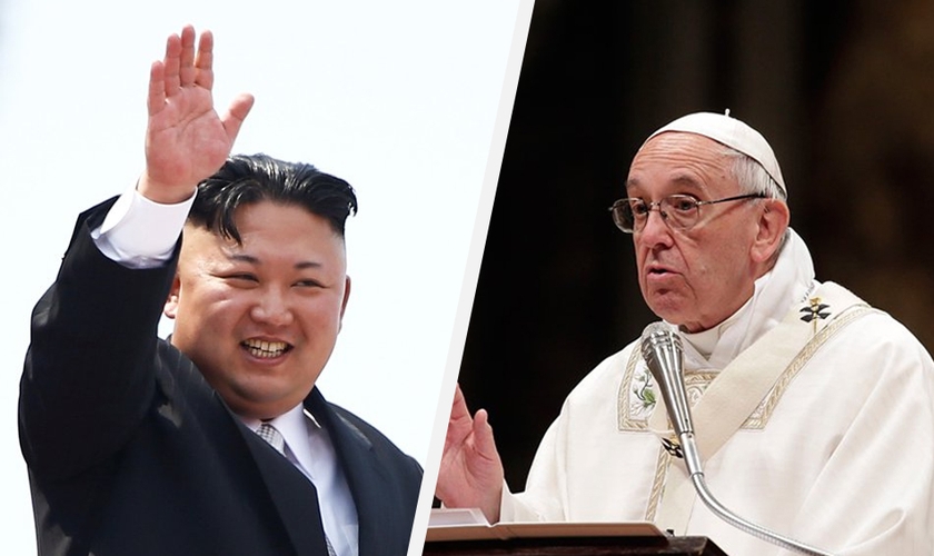 Kim Jong-un (à esquerda) convidou o papa Francisco (direita) a fazer uma visita à Coreia do Norte. (Foto: Reprodução)