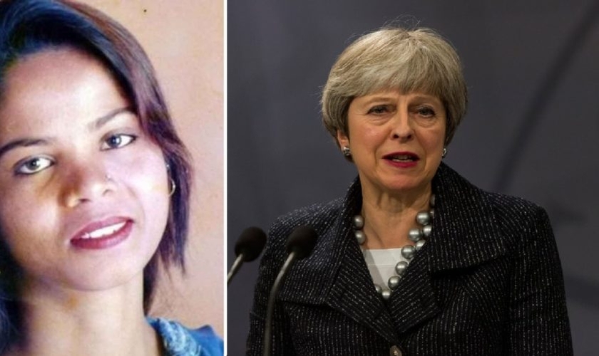 Asia Bibi (esquerda) está sendo ameaçada de morte por extremistas islâmicos, mesmo após sua absolvição. A primeira-ministra Theresa May (direita) disse que a segurança da paquistanesa é a "principal preocupação" do Reino Unido. (Foto: Voice of Europe)