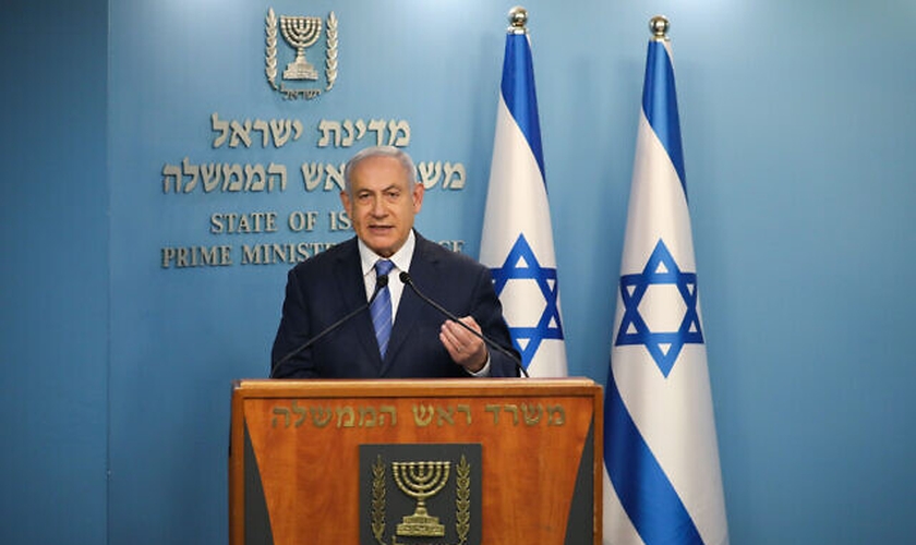 Primeiro-ministro de Israel, Benjamin Netanyahu, em discurso sobre coronavírus em Jerusalém. (Foto: Olivier Fitoussi/Flash90)