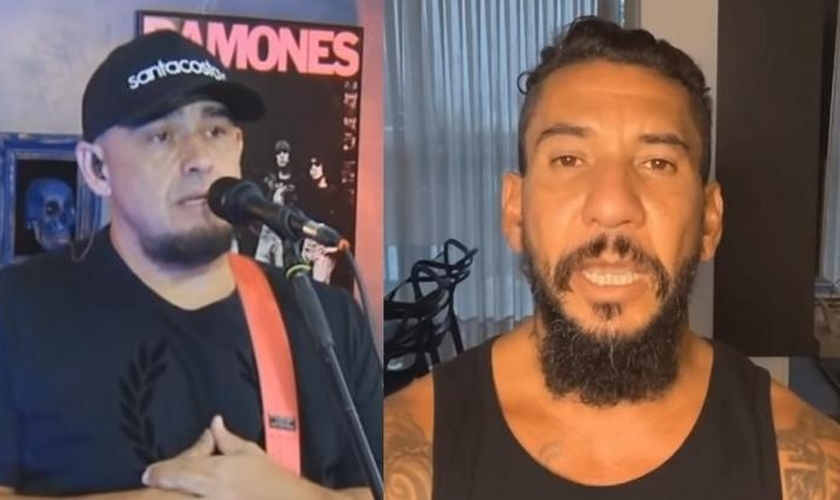 Digão (à esquerda) comentou a morte de Bessanger Abrantes e abriu espaço para a mensagem de Rodolfo Abrantes (à direita) na live dos Raimundos. (Imagem: UOL)