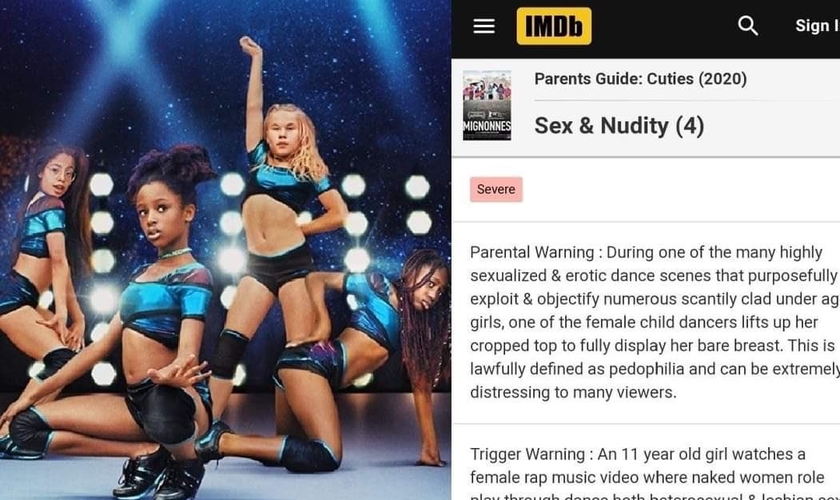 Imagem compartilhada no Twitter mostra banner de divulgação de "Cuties", usado pela Netflix anteriormente e print do aviso do IMDb sobre o conteúdo ofensivo do filme. (Imagem: Twitter)