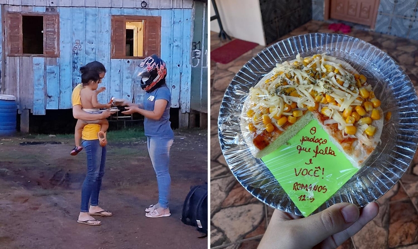 Jovens colocaram mensagem bíblica junto com pizza. (Foto: Maria Eduarda Piason)