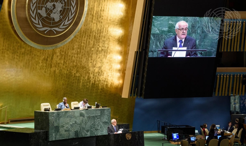 Embaixador Palestino na ONU, Riyad Mansour, fala em Assembleia Geral em Nova York. (Foto: ONU/Loey Felipe)