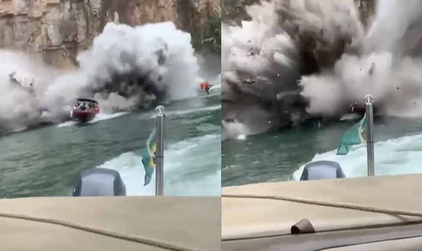 Momento em que um pedaço da parede do cânion de Furnas se desprendeu, em Capitólio, Minas Gerais. (Foto: Captura de tela/CNN News)