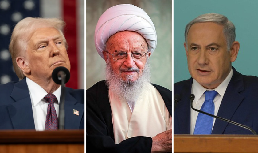O clérigo Naser Makarem Shirazi entre Trump e Netanyahu. (Fotos: Wikipedia / White House / Amos Ben Gershom, GPO)