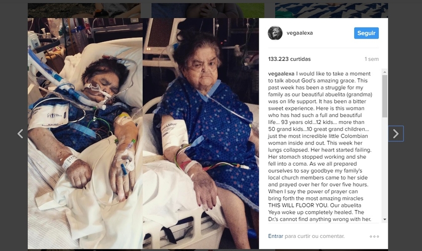 Imagem publicada por Alexa Pena Vega no Instagram mostra sua vó e relata o milagre com ela ocorrido. (Imagem: Instagram)