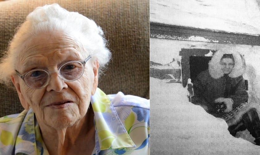 Alice Green aos 100 anos (esquerda) e à direita, ainda atuando como missionária em Savoonga. (Imagem: Arquivo pessoal)