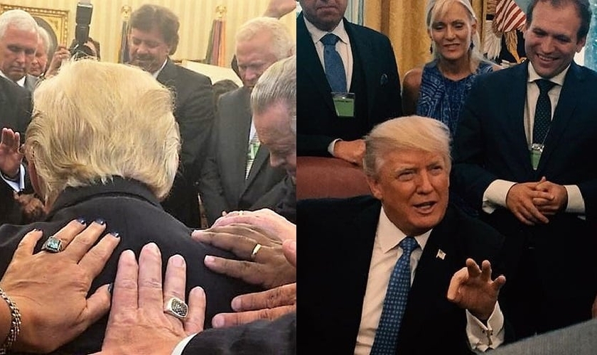 Pastores impõem as mãos sobre Trump para oração (esquerda) e conversam com o presidente (direita). (Imagem: Facebook)