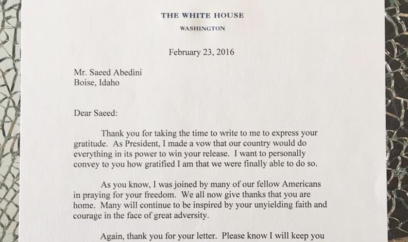 A mensagem de Obama veio em resposta à carta de agradecimento enviada anteriormente pelo pastor. (Foto: Facebook/Saeed Abedini)