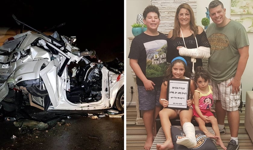 O carro foi destruído pelo impacto entre duas carretas, mas todos sobreviveram. (Foto: João Carlos Frigério/Plantão190/Facebook)