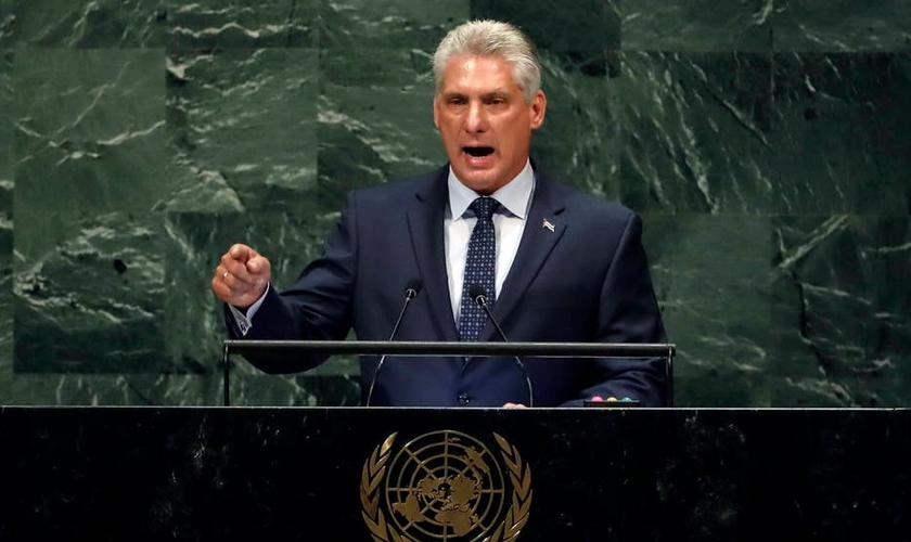 Presidente cubano Miguel Díaz-Canel durante discurso na ONU. (Foto: AP Photo/Richard Drew)