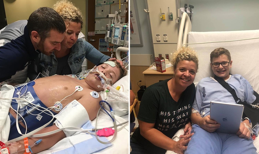 Derrick e Amy Burton no Hospital em oração enquanto seu filho William que teve parada cardíaca se recupera. (Foto: Reprodução/Facebook)