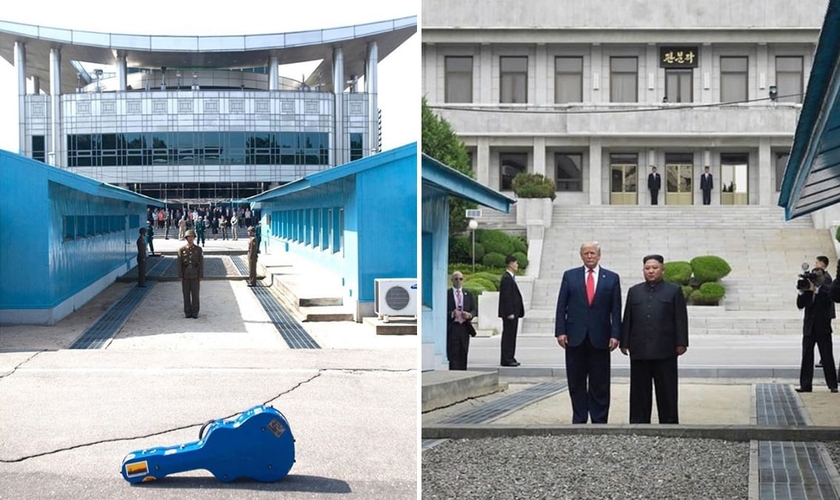 O violão de Steve Feucht na DMZ (à esquerda) e o presidente Donald Trump e o ditador Kim Jon-un se encontram na zona desmilitarizada entre a Coreia do Norte e do Sul. (Foto: Kevin Lamarque/Reuters)