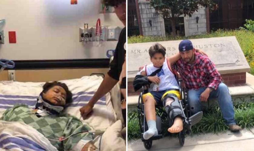 Emilio Corrales itnernado após ser atropelado por semi-caminhão (à esquerda) e em recuperação ao lado do pai. (Foto: Reprodução/CP)