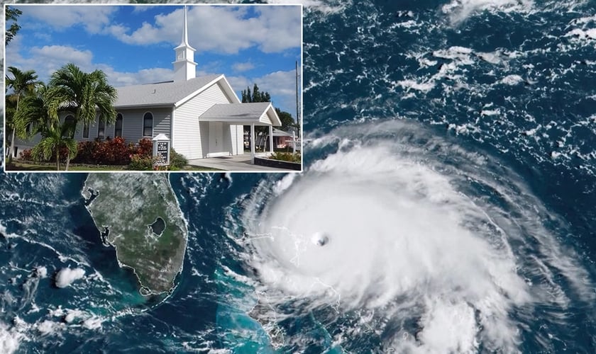 Imagens de satélite do furacão Dorian sobre as Bahamas e igreja New Life, antes de ser destruída. (Fotos: Reprodução/KRDO/Randy Crowe)