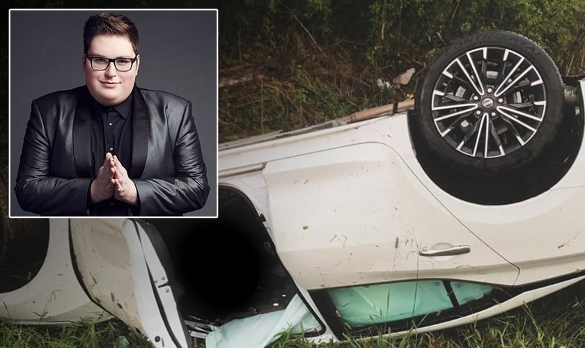 Imagem do carro capotado e Jordan Smith, no destaque. (Foto: Reprodução/Tedfass/Instragram)