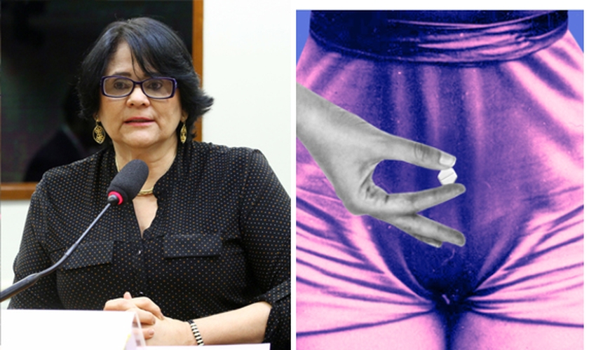 Damares Alves e ilustração da revista AzMina que ensina sobre aborto. (Reprodução/Twitter)