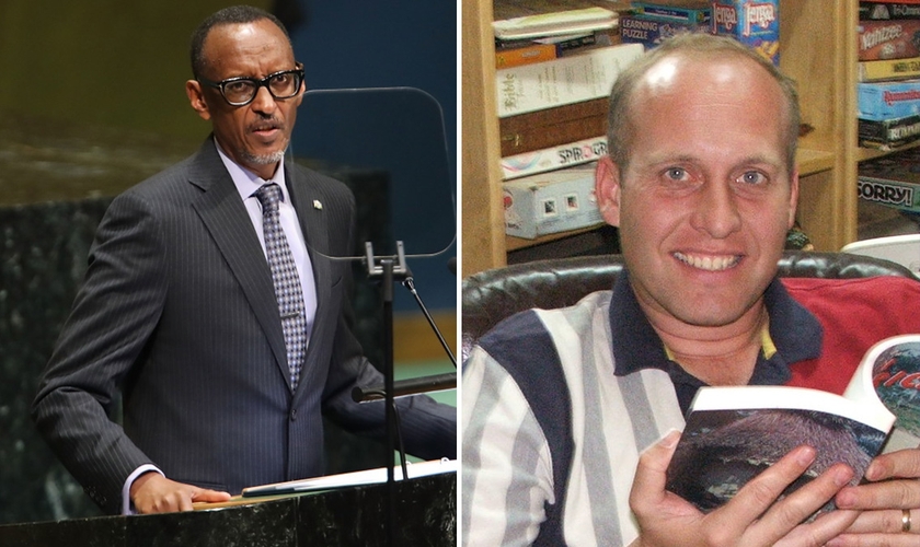 O presidente de Ruanda, Paul Kagame, discursa na 73ª Assembleia da ONU (à direita); o missionário deportado Gregg Schoof. (Foto: Reprodução / Getty Images / Spencer Platt / YouTube)