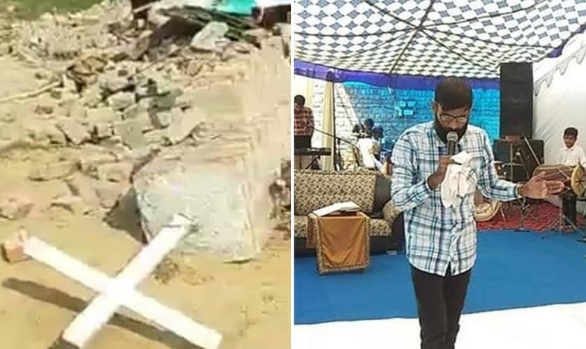 Restos da igreja cristã demolida pelas autoridades indianas (à esquerda) e culto sendo realizado ao ar livre (à direita). (Foto: Reprodução/Premier)