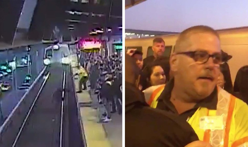 O funcionário John O'Connor puxou um homem de volta para a plataforma, pouco antes do trem chegar à estação Coliseum, na Califórnia. (Foto: Bay Area Rapid Transit/@TonyBadilla)