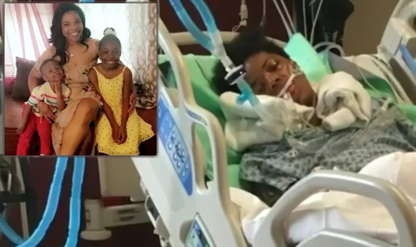 Kertisha Brabson durante o coma e hoje saudável com as filhas. (Foto: Reprodução/GodUp)