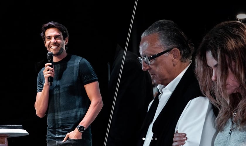 Kaká, durante palestra na Igreja Batista da Lagoinha, e Galvão Bueno, seu convidado. (Foto: Reprodução/ Lagoinha Orlando Church)
